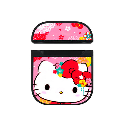 Hello Kitty Face Flower Background Apple Airpods Case Black