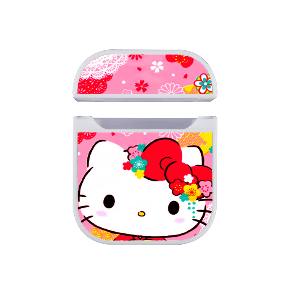 Hello Kitty Face Flower Background Apple Airpods Case White